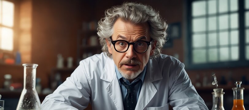 Mad scientist or crazy professor character in science lab