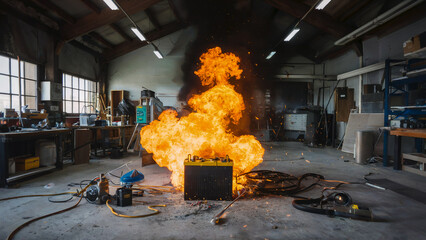 A chaotic moment in a workshop with a battery igniting and tools strewn about, emphasizing the urgency of strict safety practices.