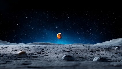 This captivating alien landscape features distant planets and galactic views