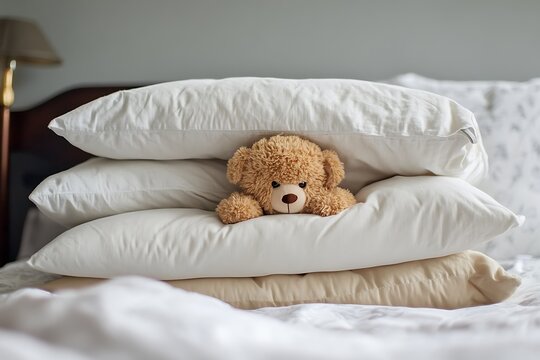 teddy bear hiding in pillow - Powered by Adobe