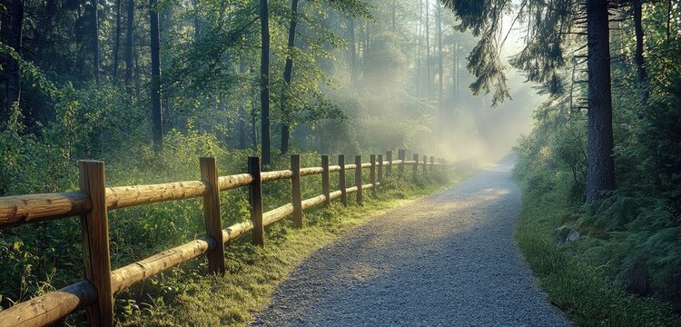 A misty, cool morning with a wooden fence lining a gravel path through a dense forest, the trees tall and green with sunlight filtering through.