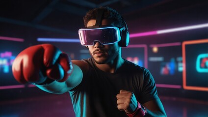 Man wearing VR glass and smashing or punching at camera in neon boxing arena. Sport gamer boxing and moving gesture in metaverse or virtual world while using digital technology innovation