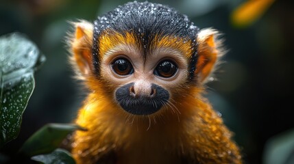 Obraz premium A wet, young squirrel monkey with big brown eyes stares directly at the camera.