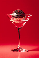 Cocktail party with disco ball on sunset coral color background. Disco party, retro fashion. Modern stylish banner template for holiday card, banner, flyer, menu with space for text