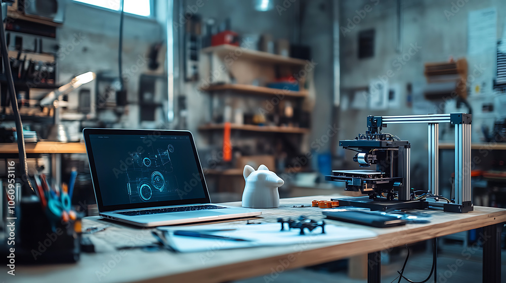 Fototapete 3d maker's workshop, there's an sla 3d printer and a laptop on the table, representing the concept o