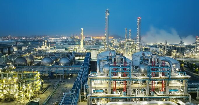 Industrial buildings of petrochemical plant in industrial area during blue hour