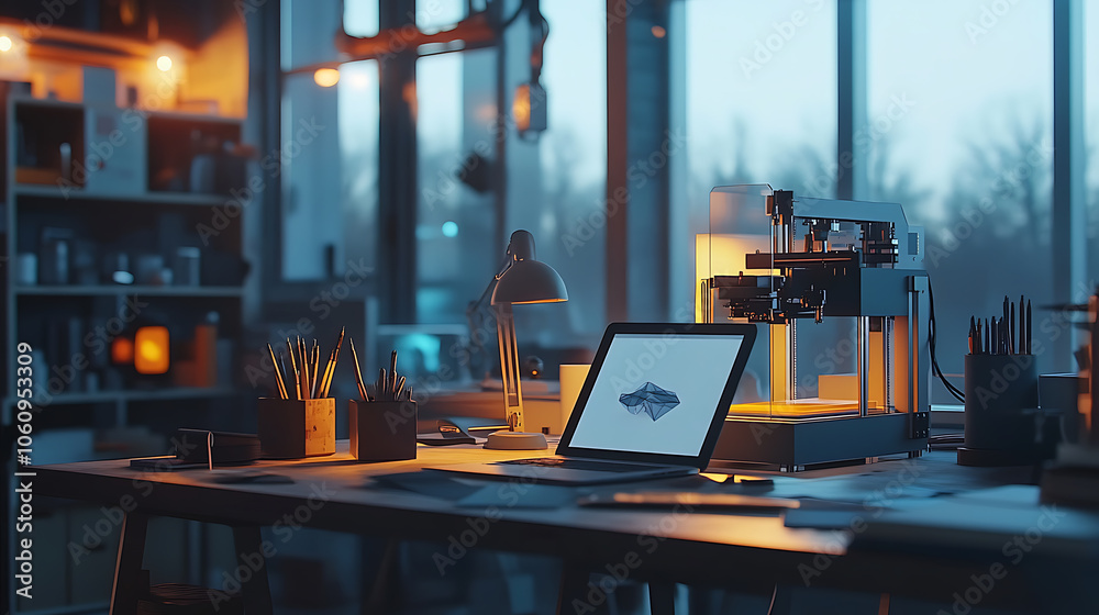 Fototapete 3d maker's workshop, there's an sla 3d printer and a laptop on the table, representing the concept o