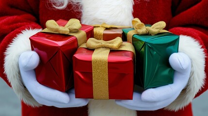 Santa Holding Festive Wrapped Christmas Gifts