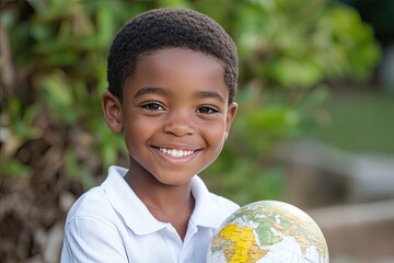 Young Student Smiles While Holding a Globe on International Day of Education in a Bright Setting