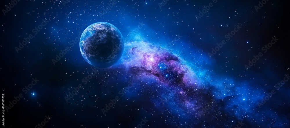 Canvas Prints it features a dark, cosmic background with swirling galaxies and a clear space for the text