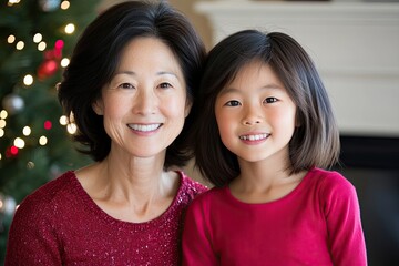 A Joyful Mother and Daughter Celebrate Lunar New Year Together at Home in Festive Attire