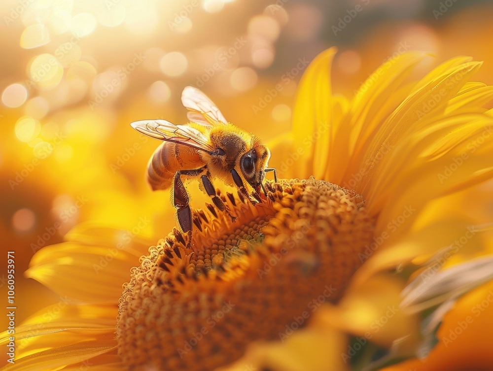 Canvas Prints A bee collects pollen from a sunflower. AI.