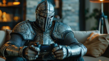 A knight in full armor is playing a video game. AI.