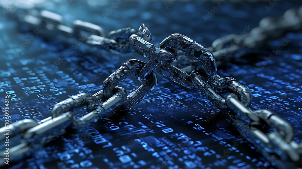 Poster A broken chain breaking in half, symbolizing the break with digital security The background is blue and white binary code representing data and technology