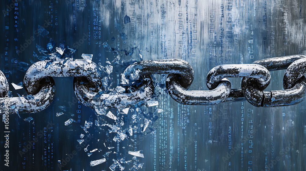 Aufkleber A broken chain breaking in half, symbolizing the break with digital security The background is blue and white binary code representing data and technology
