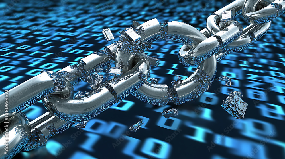 Leinwandbilder a broken chain breaking in half, symbolizing the break with digital security the background is blue 