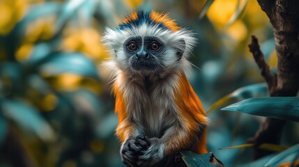 Fototapeta premium A small monkey with orange fur and a white face sits on a branch in a lush green forest.