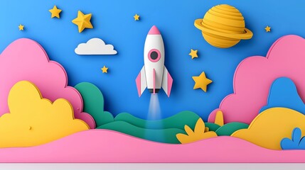 Rocket launch with planets and stars in the background, colorful paper cut art