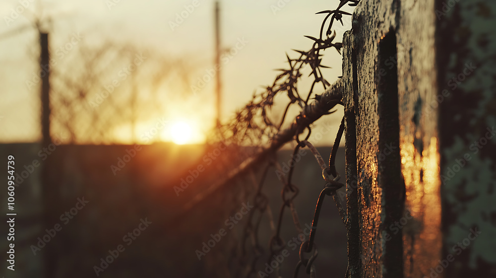 Aufkleber a closeup of the top edge of an iron fence with barbed wire set against a blurred background of a pr