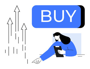 Businesswoman pointing at rising arrows with clipboard, indicating stock market growth and a prominent Buy button. Ideal for finance, stock trading, business strategy, investment guidance, economic