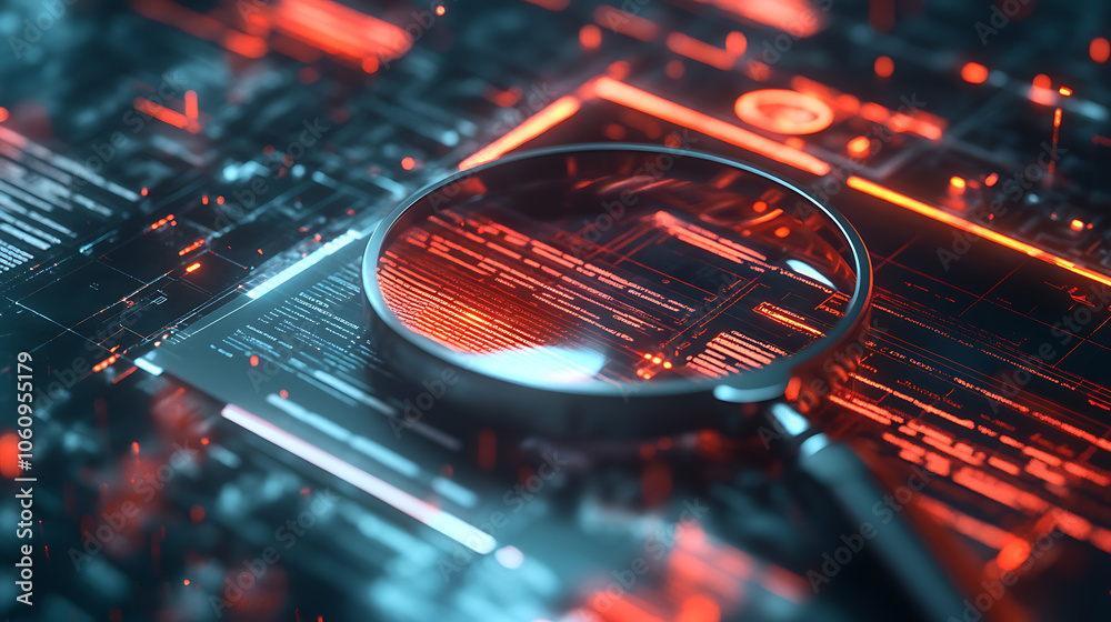 Poster A detailed IT Security Risk Assessment concept depicted with a magnifying glass focused on a document within an abstract technological atmosphere, symbolizing scrutiny and protection