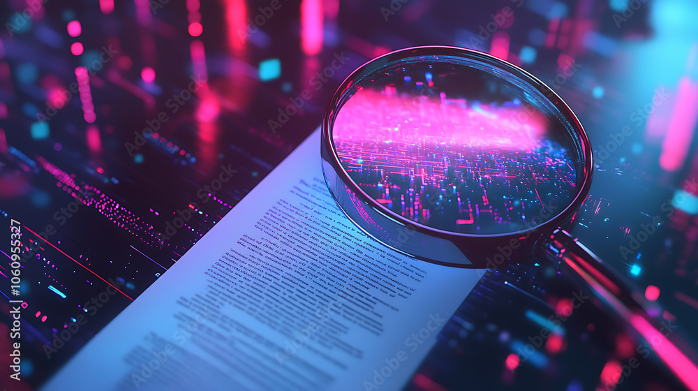Fototapete A detailed IT Security Risk Assessment concept depicted with a magnifying glass focused on a document within an abstract technological atmosphere, symbolizing scrutiny and protection