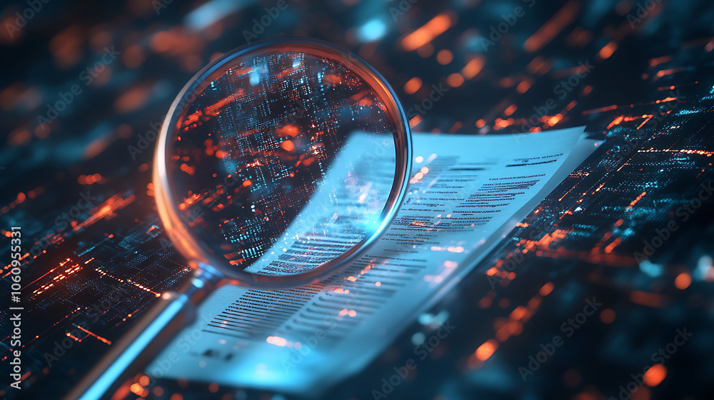 Poster A detailed IT Security Risk Assessment concept depicted with a magnifying glass focused on a document within an abstract technological atmosphere, symbolizing scrutiny and protection