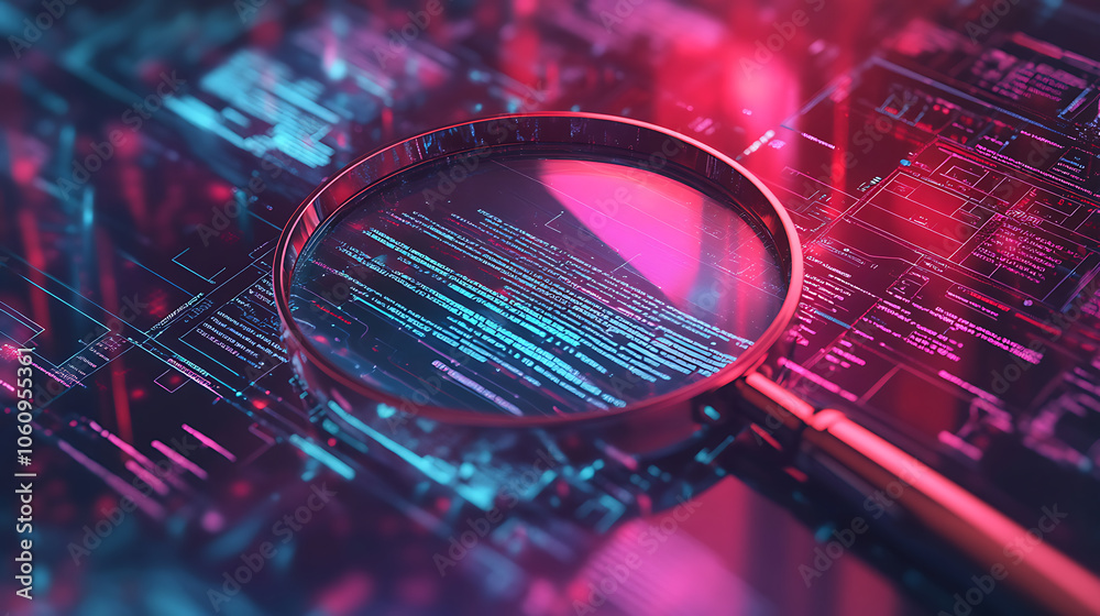 Aufkleber A detailed IT Security Risk Assessment concept depicted with a magnifying glass focused on a document within an abstract technological atmosphere, symbolizing scrutiny and protection