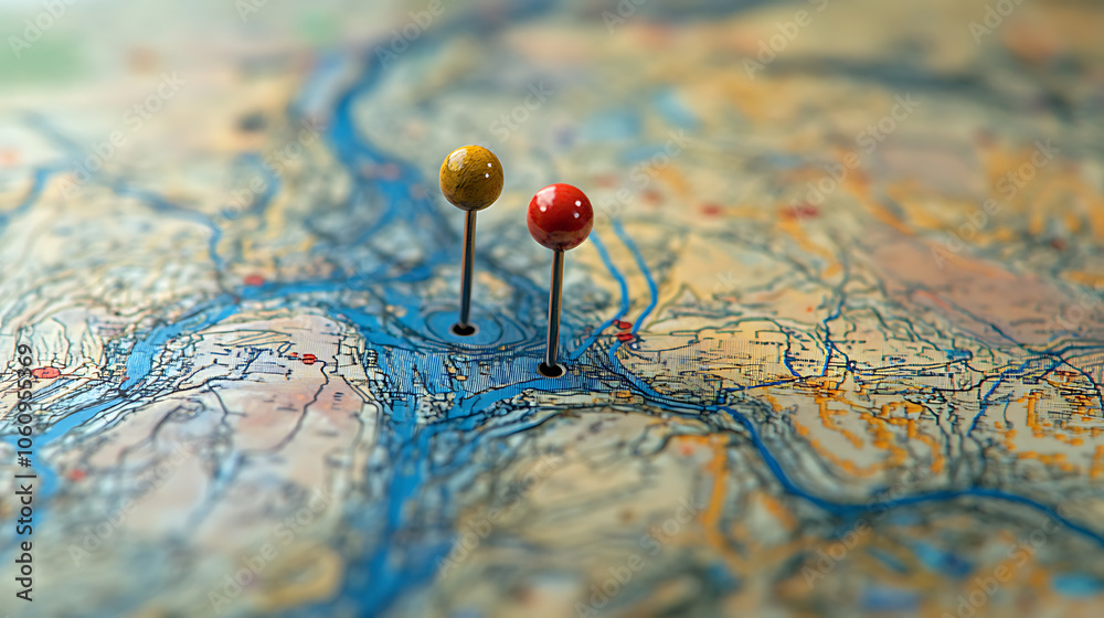 Poster A detailed map displaying a specific location marked with two vibrant pins, symbolizing the starting and destination points in a GPS navigation system used for efficient route planning and guidance