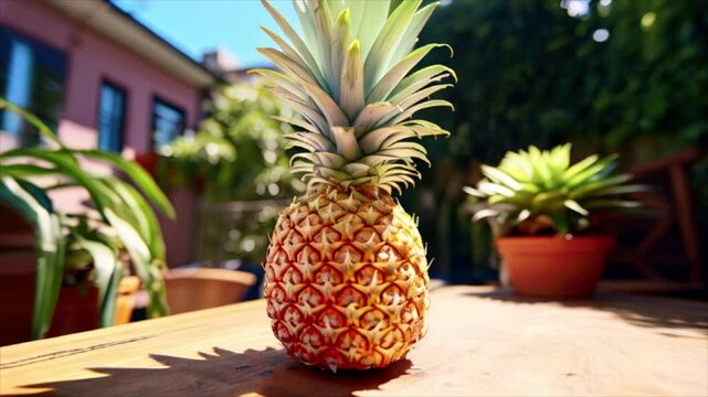 Whole pineapple on wooden table on a sunny day. Beautiful greenery at the background