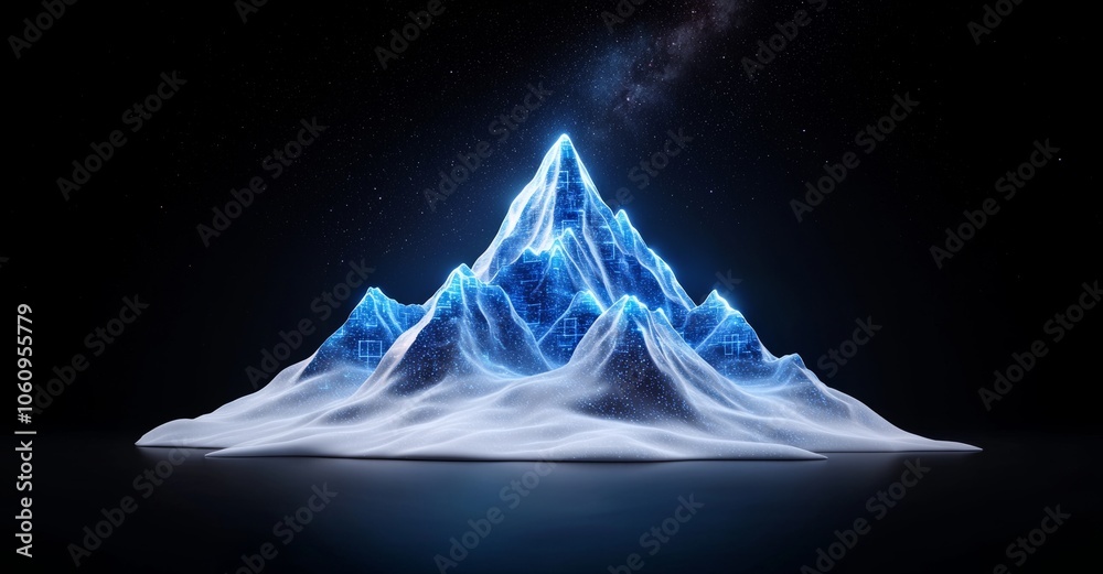 Poster technology mountains rising into space with blue binary code.