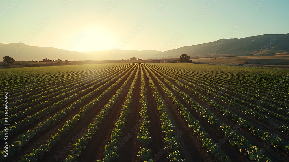 Poster a field irrigation system waters rows of lettuce on farmland