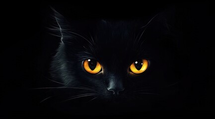 
A black cat with glowing eyes in the darkness


