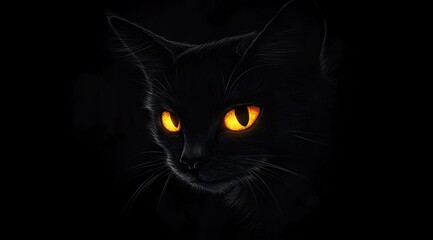
A black cat with glowing eyes in the darkness

