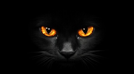 
A black cat with glowing eyes in the darkness

