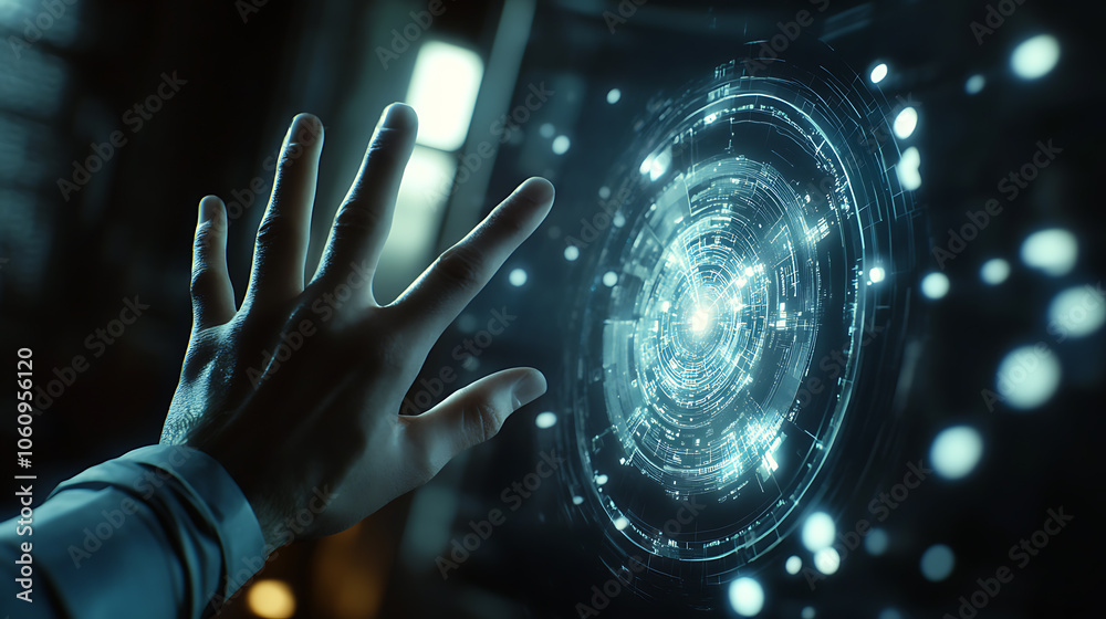 Poster A futuristic concept where a hand interacts with a digital interface, symbolizing the advent of digital transformation and the exploration of the metaverse