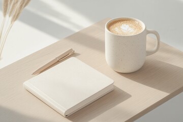 Stylish workspace featuring eco-stationery and a coffee mug in a neutral setting for minimalist inspiration