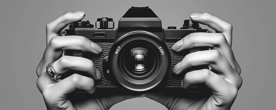 Close-up of hands holding a vintage film camera, showcasing creativity and photography passion.