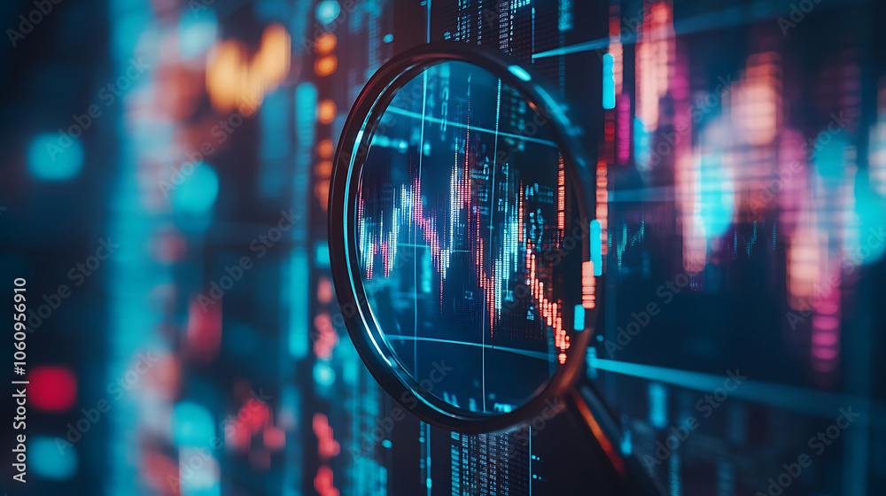 Aufkleber a magnifying glass over an abstract stock market graph the focus is on a digital screen showing real