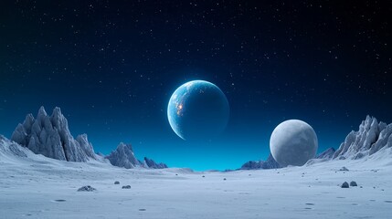 Naklejka premium An asteroid or moon composed of craters and jagged rock formations, with a dark, starry night sky above