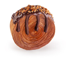 Creme-filled circular croissant covered dark chocolate glaze with crunchy caramel. Round French or New-York Roll croissant isolated on white background