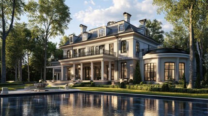 Elegant mansion with a pool, surrounded by lush greenery and a serene atmosphere.
