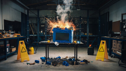 A ruptured battery emitting smoke on a tabletop, with debris spread around and caution symbols visible in a lab environment.