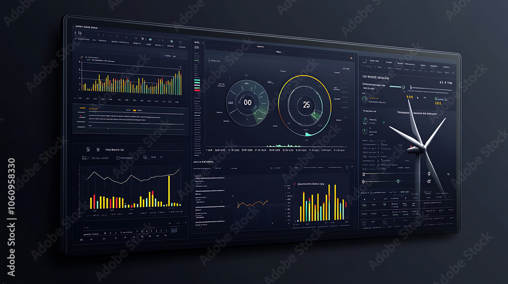 Aufkleber A sophisticated wind turbine data analytics dashboard displaying real, time metrics and graphs for assessing the efficiency and profitability of renewable energy production