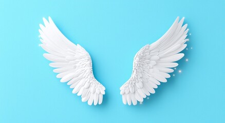 Fototapeta premium Blue Bokeh Banner with Angel Wings - Wide blue bokeh background with large pair of angel wings on the left side and a shaft of bright light between them