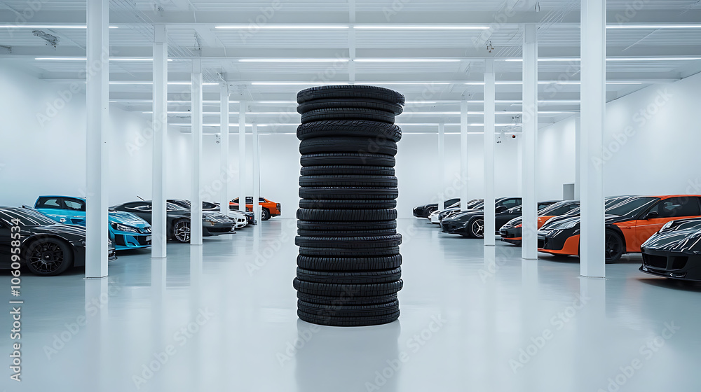 Aufkleber a stack of tires is displayed in the foreground with cars parked on both sides and an empty white fl