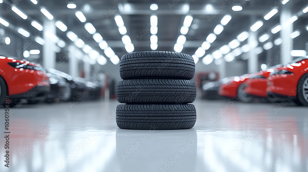 Aufkleber A stack of tires is displayed in the foreground with cars parked on both sides and an empty white floor in the background