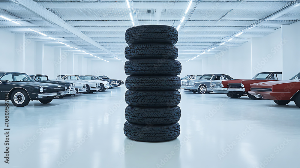 Poster A stack of tires is displayed in the foreground with cars parked on both sides and an empty white floor in the background