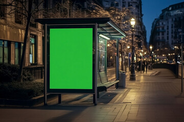Street Billboard sign with green screen, Mockup of an Outdoor Billboard Advertisement against night...