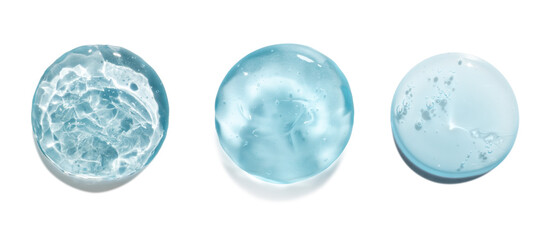 Jelly gel round texture. Blue facial serum beauty product test on white background.